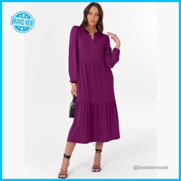 Long Sleeve Maxi Dress Boho Tiered V Neck Flowy Casual Vacation with Pockets - Picture 6 of 7